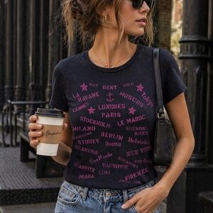J.Crew Black Graphic Tee Pink City Print Short Sleeve XS Travel Cities Shirt